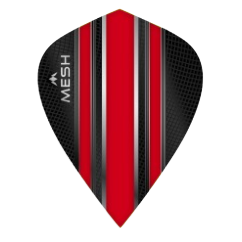 Teardrop-shaped dart flight with red and black mesh pattern, striped design, isolated on white background