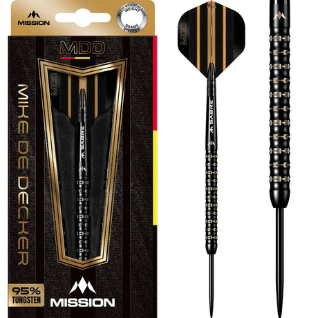 Steel tip tungsten dart in retail packaging with close-up of black and gold grip, stripe flight, and ringed barrel details
