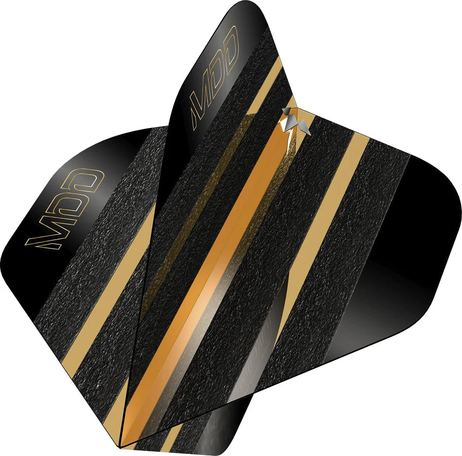 Close-up angled view of black and gold No.2 dart flight with bold stripes, textured finish, and MDD logo, perfect for dart shafts.