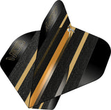 Close-up angled view of black and gold No.2 dart flight with bold stripes, textured finish, and MDD logo, perfect for dart shafts.