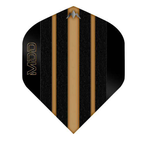 Close-up of single black and gold No.2 dart flight with vertical stripes and metallic MDD logo, isolated on white background
