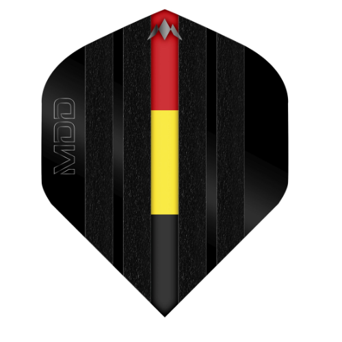 Mission Mike De Decker Black No.2 dart flight upright on a white background, black with Belgian flag stripe