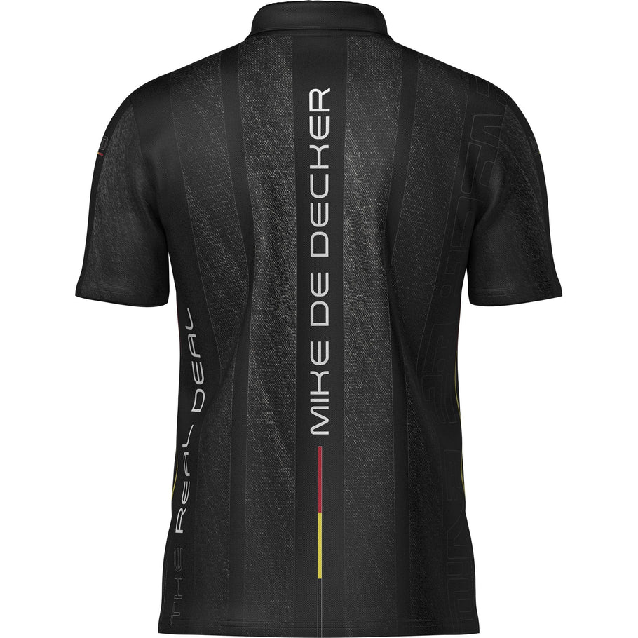 Back view of Mike De Decker Player Shirt for darts, full product on white background, showcasing name, graphics, and polyester texture