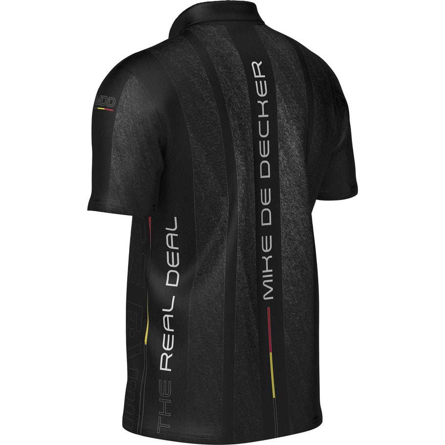 Back view of Mike De Decker dart shirt with bold lettering and subtle stripe details, isolated on white background