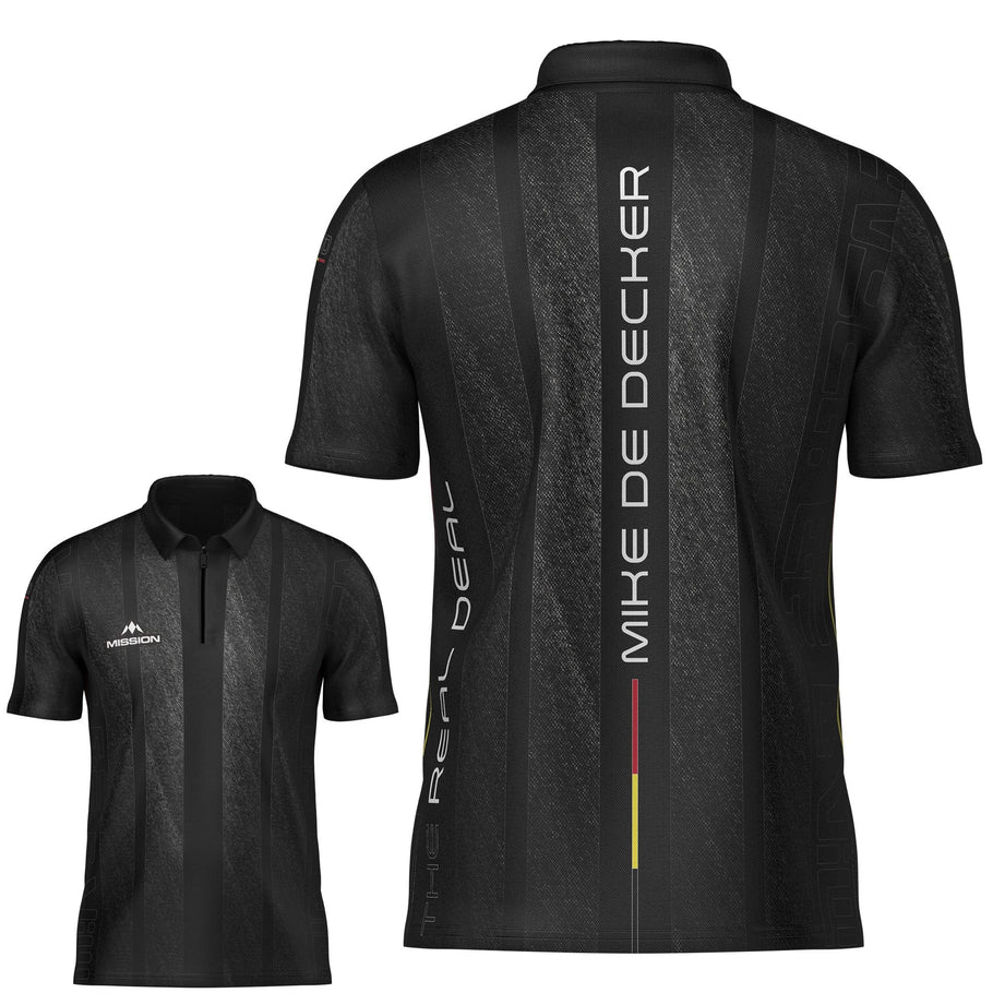 Front and back view of Mike De Decker player darts shirt, black with subtle stripes, sponsor logo, and vertical name text on back.