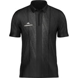 Full front view of Mike De Decker player darts shirt with zip collar and black stripe detail on white background