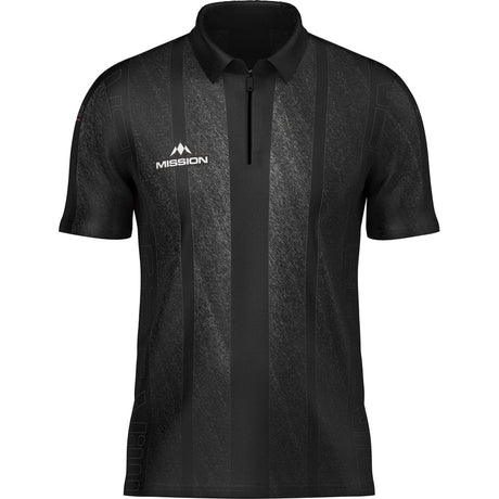 Full front view of Mike De Decker player darts shirt with zip collar and black stripe detail on white background