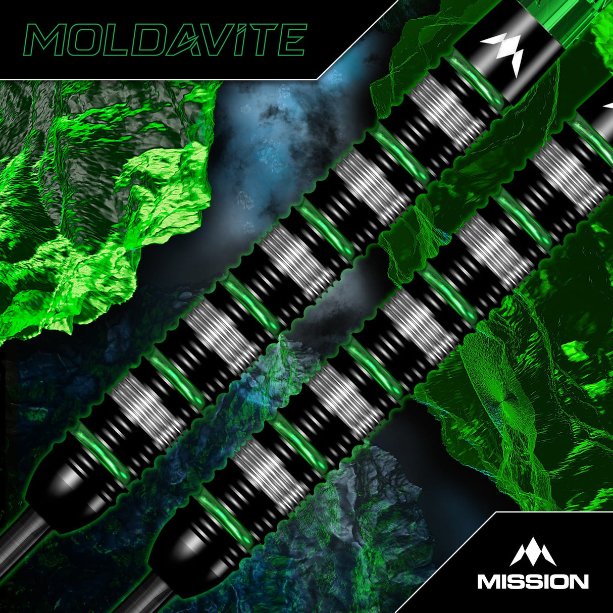 Close-up of the Mission Moldavite radial groove grip in black and green PVD over natural tungsten