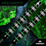 Close-up of the Mission Moldavite radial groove grip in black and green PVD over natural tungsten