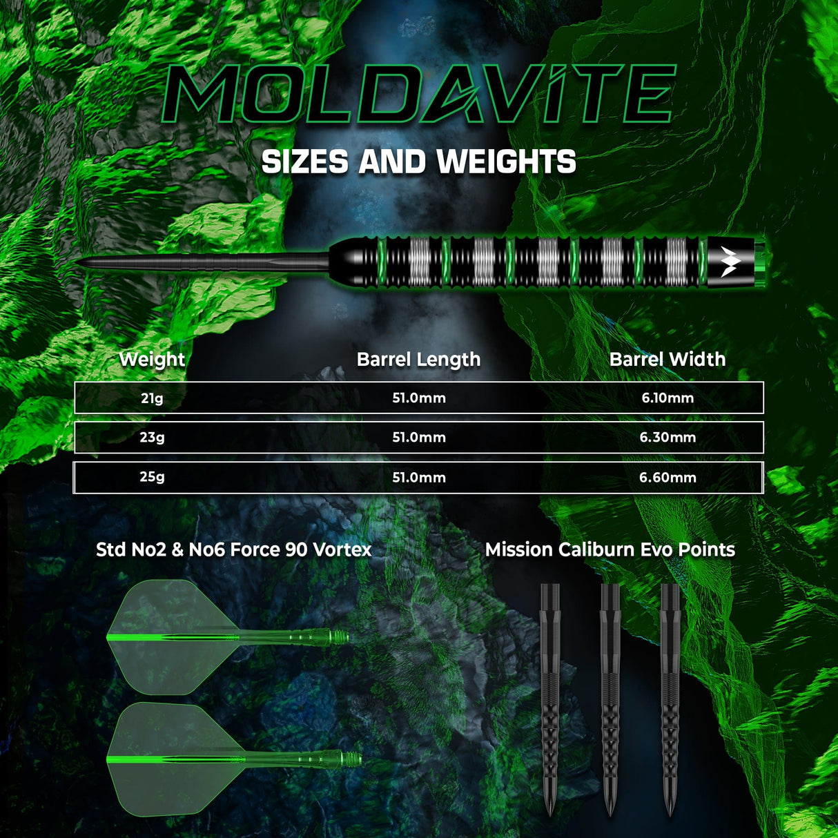 Mission Moldavite sizes and weights - 21g, 23g and 25g on a 51mm barrel at 6.10mm, 6.30mm and 6.60mm