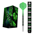 Mission Moldavite presentation box, assembled dart and close-up of the black and green PVD barrel on a white background