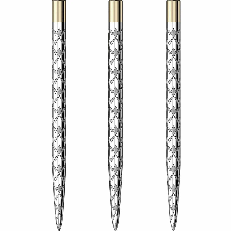 Three textured steel dart points with laser-engraved silver grip, full view on white background, replacement tips for darts.
