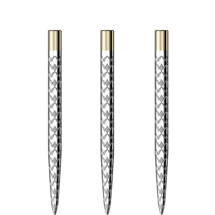 Three steel dart points arranged upright on white background, featuring laser-etched multi-logo pattern and silver textured finish