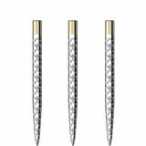 Three steel dart points arranged upright on white background, featuring laser-etched multi-logo pattern and silver textured finish