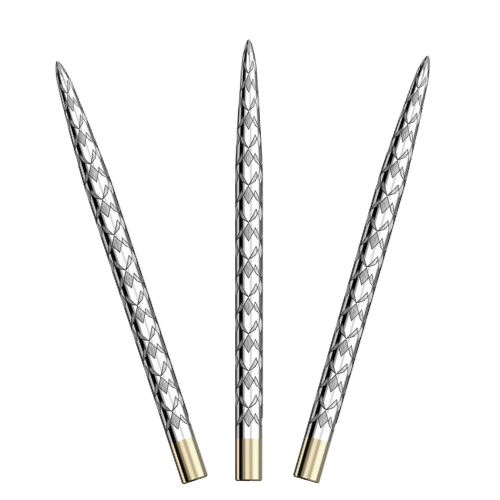 Three steel dart spare points with laser-etched grip pattern and silver finish, full view on white background