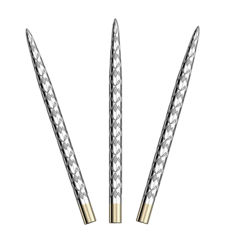 Three steel dart spare points with laser-etched grip pattern and silver finish, full view on white background