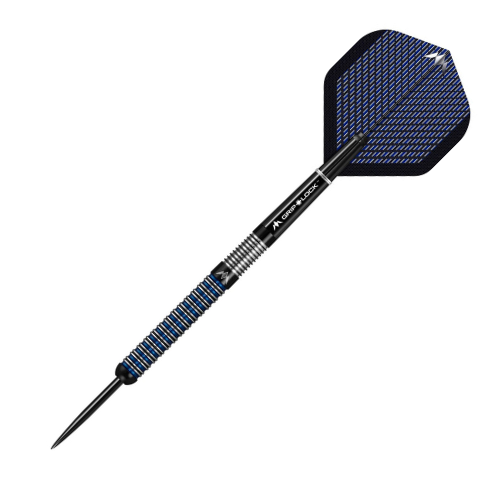 Angled full view of 90% tungsten dart with straight barrel, ringed grip, and blue textured flight on white background