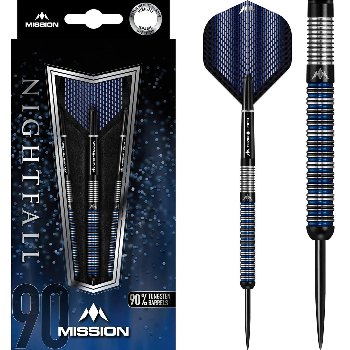 Three 90% tungsten steel tip darts in box packaging, with close-up of ringed grip barrel and blue-black flight design
