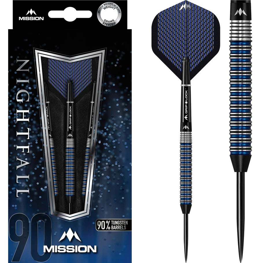 Steel tip tungsten darts in retail packaging with close-up of full dart showing blue ringed barrel grip and textured flights