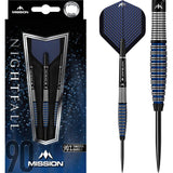 90 percent tungsten steel tip darts in retail packaging and close-up of ringed grip barrel with blue accents and patterned flights