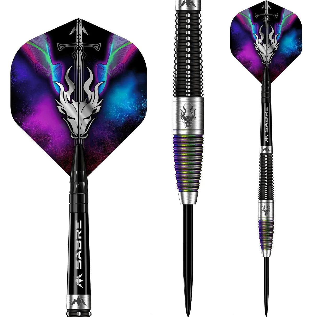 Three tungsten darts on white background showing torpedo barrel grip, rainbow rings, and colorful dragon-themed flights
