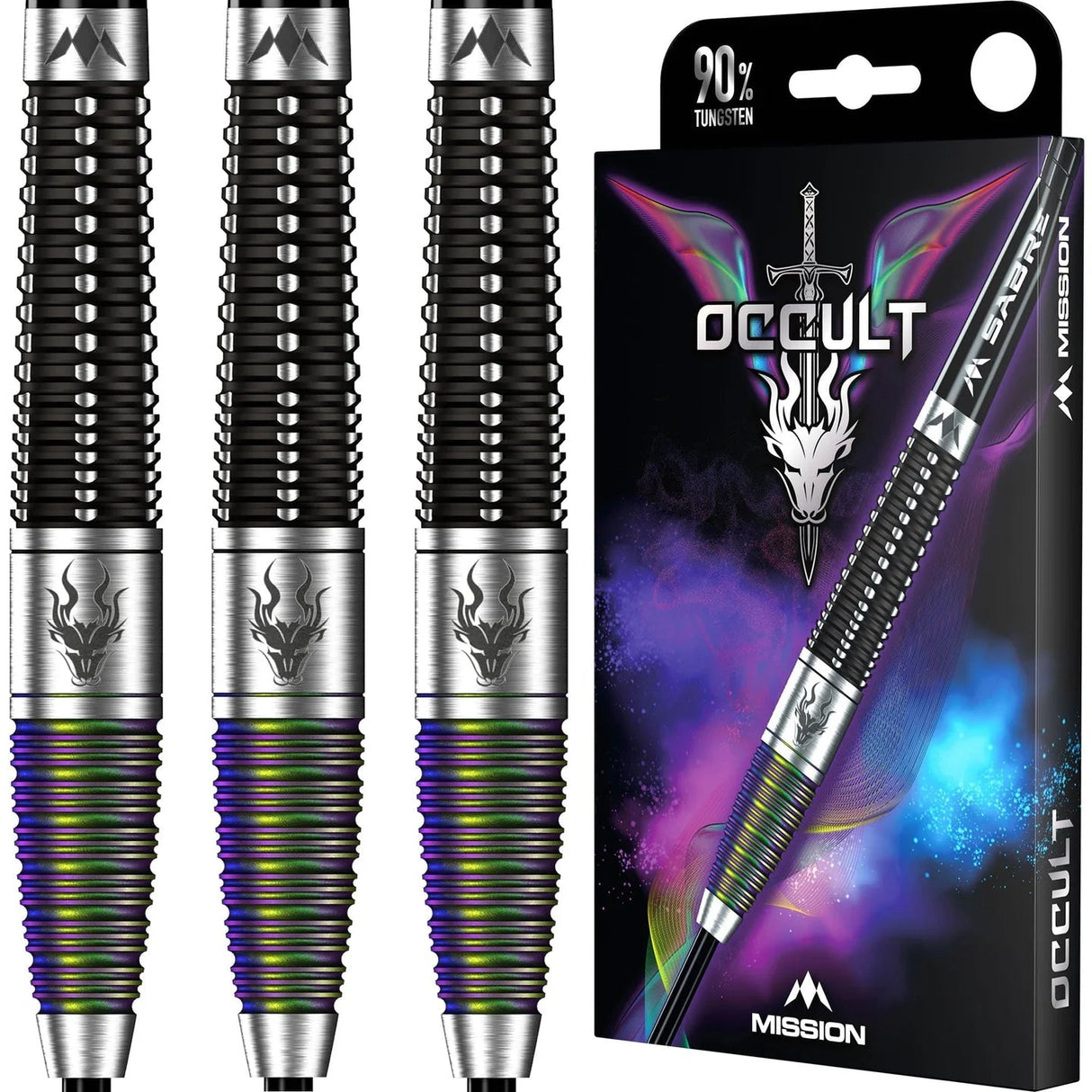 90 percent tungsten darts full barrel view with rainbow grip, dragon engraving, and packaging display for steel tip darts