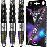 90 percent tungsten darts full barrel view with rainbow grip, dragon engraving, and packaging display for steel tip darts