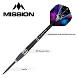 Full view tungsten dart with steel tip, detailed barrel grip, polycarbonate shaft, and mystical flight, isolated on white with feature labels