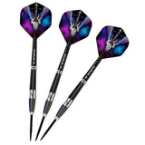 Three 90% tungsten darts displayed on white, highlighting knurled grip barrels and colorful mystical flights for dart players.