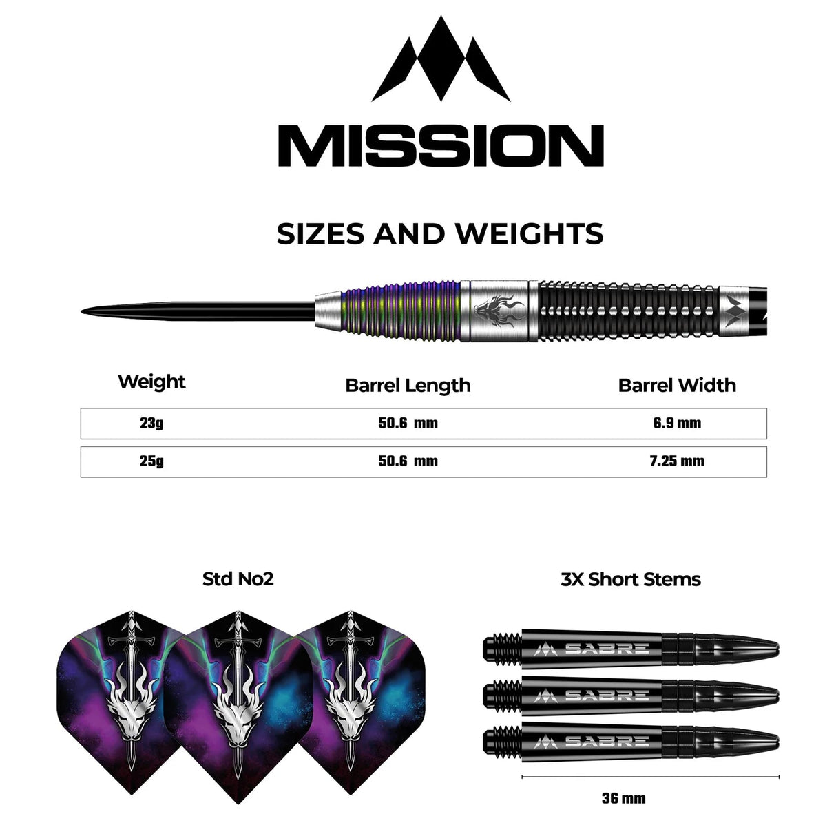 Full dart barrel side view with specs, three dragon-themed dart flights, three short stems, and tungsten barrel size chart
