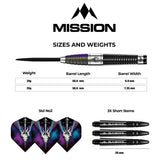 Full dart barrel side view with specs, three dragon-themed dart flights, three short stems, and tungsten barrel size chart