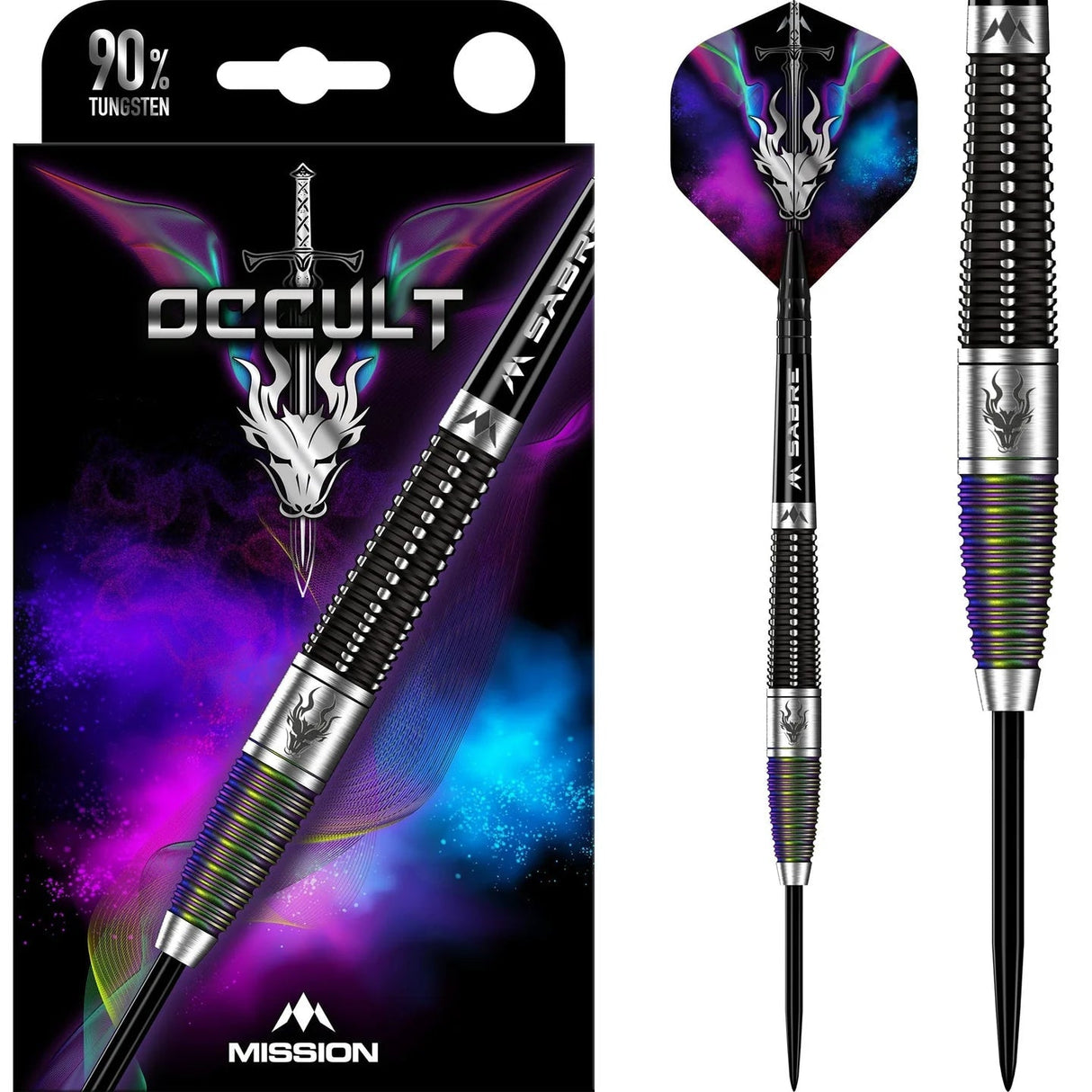 90% tungsten darts full view with packaging, ribbed grip barrel, engraved logo, vibrant flights, ideal for precision dart players