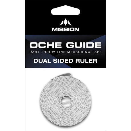 Dart oche measuring tape in retail packaging, dual sided ruler for dartboard setup, rolled tape visible on white background