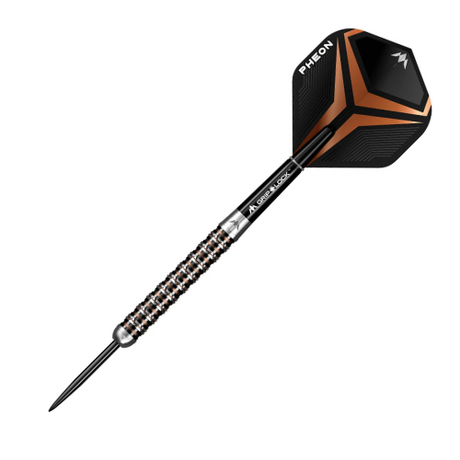 Angled view of 90% tungsten dart with micro-cut barrel, stepped radial grooves, black and copper flight, isolated on white background