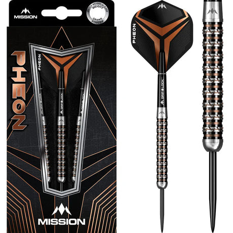 90% tungsten darts set in retail packaging with close-up of straight barrel featuring radial grip grooves and black flights