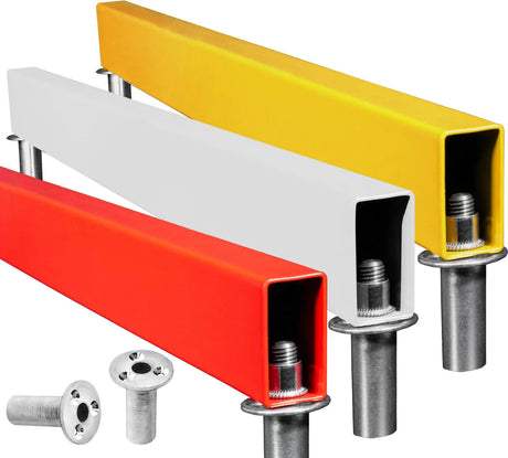 Angled view of three retractable steel dart oches in red, white, and yellow with mounting fittings, isolated on white background