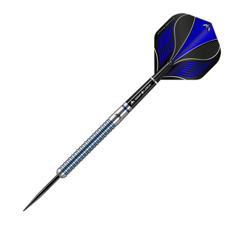 Single tungsten dart with straight ringed barrel, bull nose tip, blue and black flights on white background