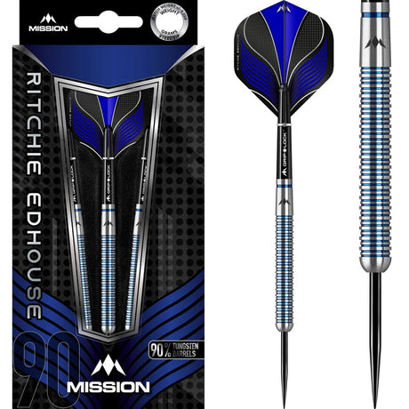 Steel tip tungsten darts in retail packaging with close-up of straight blue-ringed barrel and angled black and blue flights