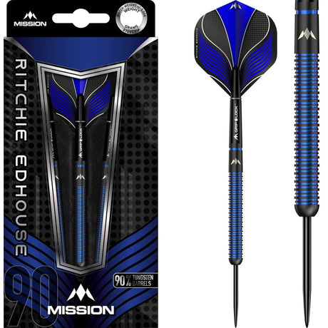 Three black titanium tungsten darts in retail packaging and close-up of single dart showing blue ringed grip, steel tip, and blue-black flights