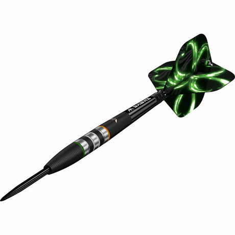 Angled view of 90% black titanium dart with precision grip, colored barrel rings, and luminous green flight on white background