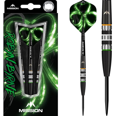 Black titanium darts in packaging and close-up, showing textured barrel, green accents, and shamrock flights for steel tip dart players.
