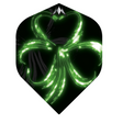 Mission Robyn Byrne No.2 dart flight upright on a white background, black with green shamrock artwork
