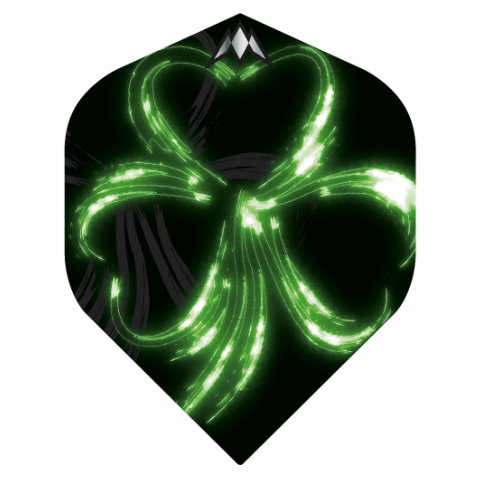 Mission Robyn Byrne No.2 dart flight upright on a white background, black with green shamrock artwork