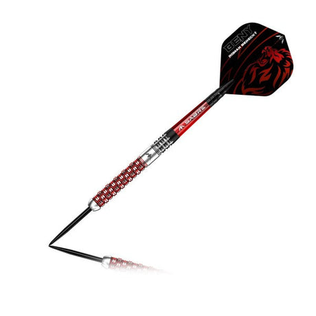 Angled view of Roman Benecky 90% tungsten dart with red knurled grip, black and red lion flight, isolated on white background