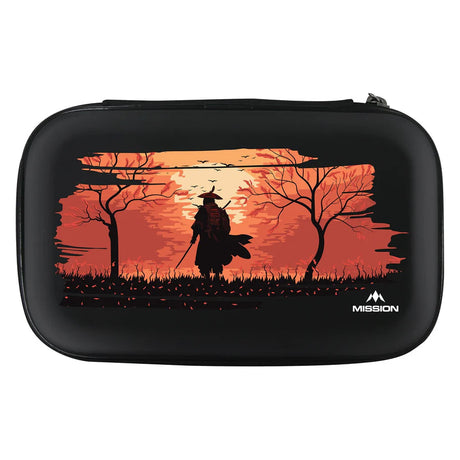Full view EVA darts case with samurai sunset graphic, sturdy protective design for storing assembled darts and accessories