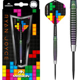 Steel tip tungsten dart in retail packaging left, isolated full dart right showing textured grip barrel and colorful pixel dart flight.
