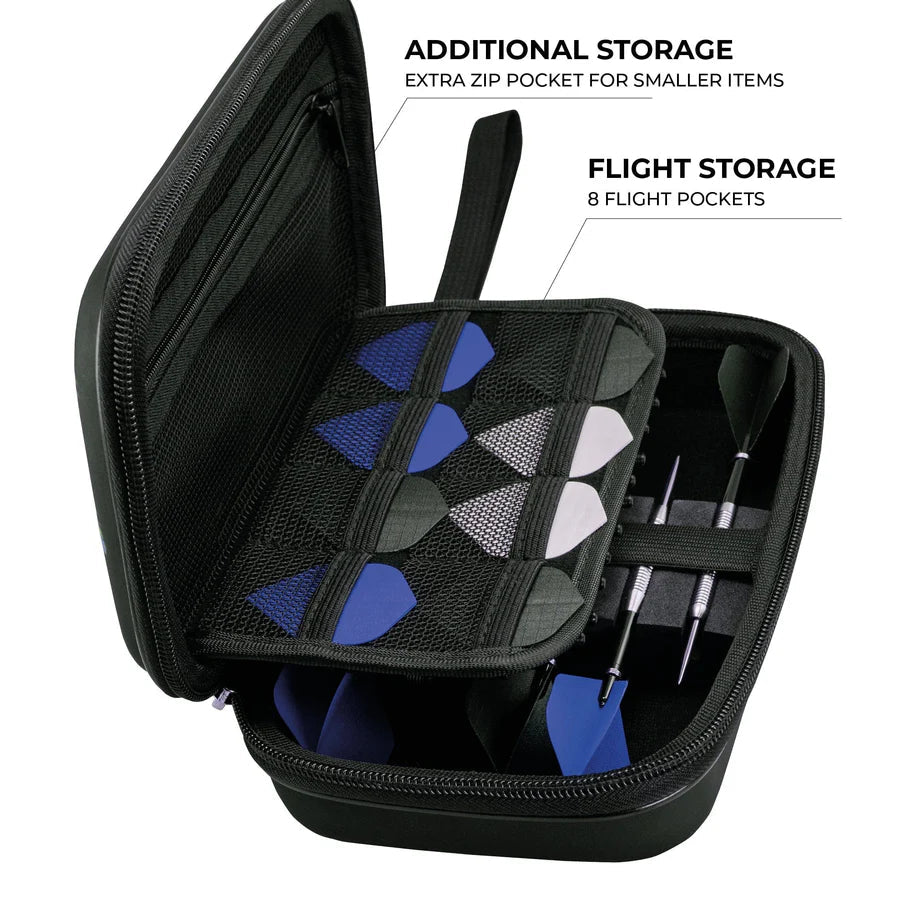 Open darts case angled view with two sets of assembled darts, eight flights in mesh pockets, and extra zip compartment for accessories