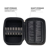 Top-down view of open darts case with dart and shaft storage compartments, ideal for organizing assembled darts and accessories