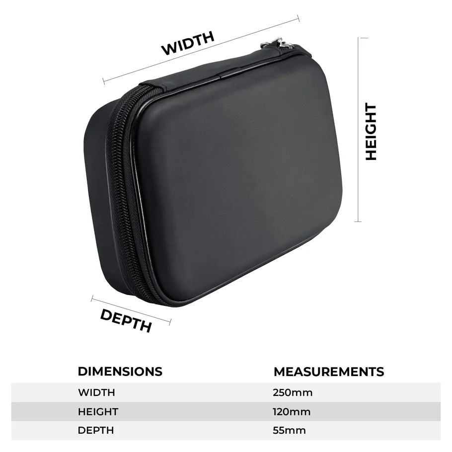 Angled view EVA darts case with zip, isolated on white, showing 250x120x55mm size dimensions for organized dart storage