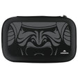 Full view of closed grey EVA darts case with bold samurai graphic, protective storage for two dart sets